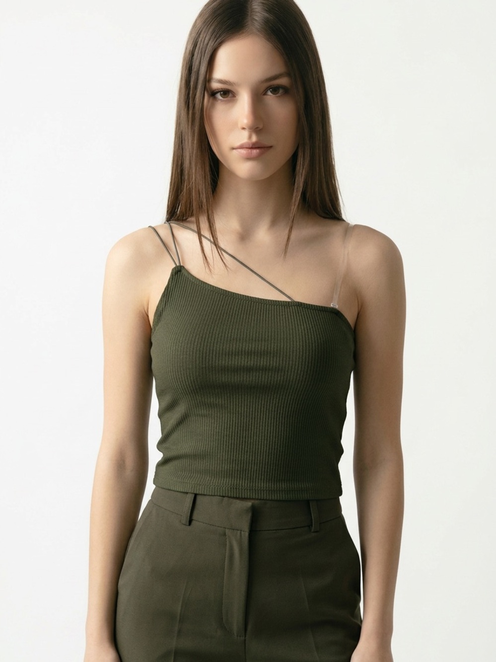 GAZE | NEW Ribbed Asymmetric Olive Green Cami Tank Top Women’s Size Medium